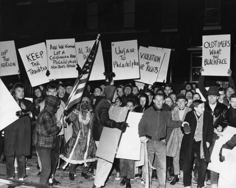 Demonstrators protest ban of blackface in Mummers parade, December 19, 1963