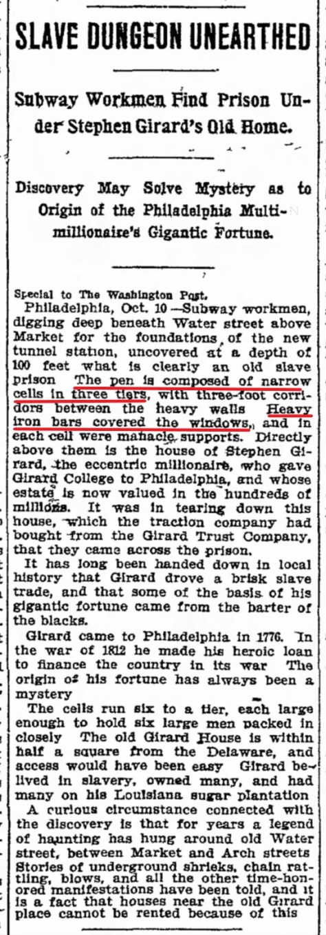 Stephen Girard Slave Pen Discovery - Chicago Tribune, October 11, 1909 - Overlay