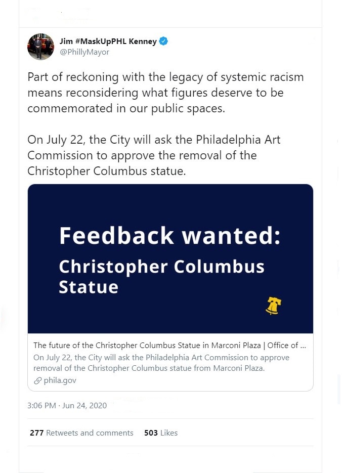 Mayor Jim Kenney - Systemic Racism Tweet - June 24, 2020